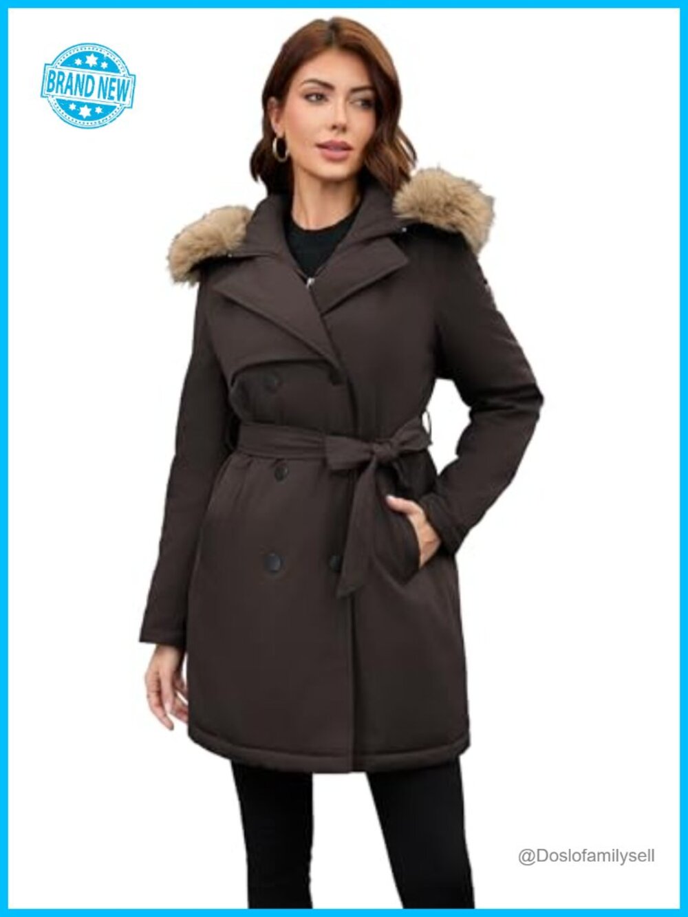 Women's Mid-Length Belted Trench Coat with Detachable Faux Fur Collar